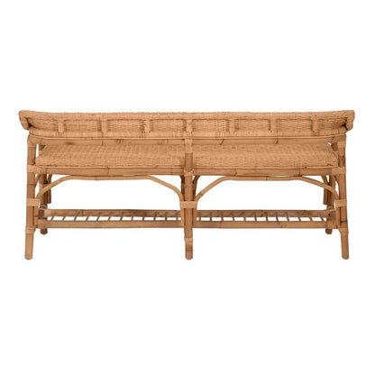a bench made of wood and wicker on a white background
