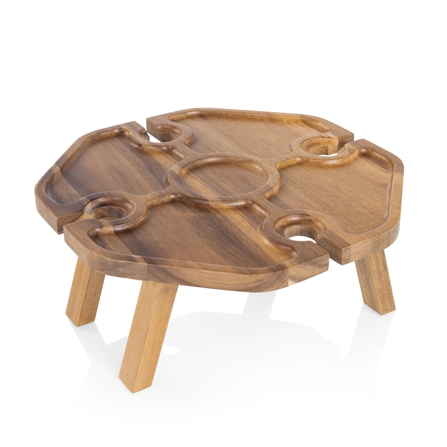 Mesavino Wine Picnic Table - Coastal Acacia Wood Portable Wine & Snack Table, Beach House Outdoor Entertaining