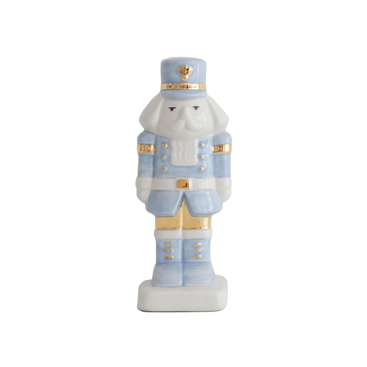 Light blue and white decorative Christmas nutcracker with gold accents on its hat, uniform, and boots