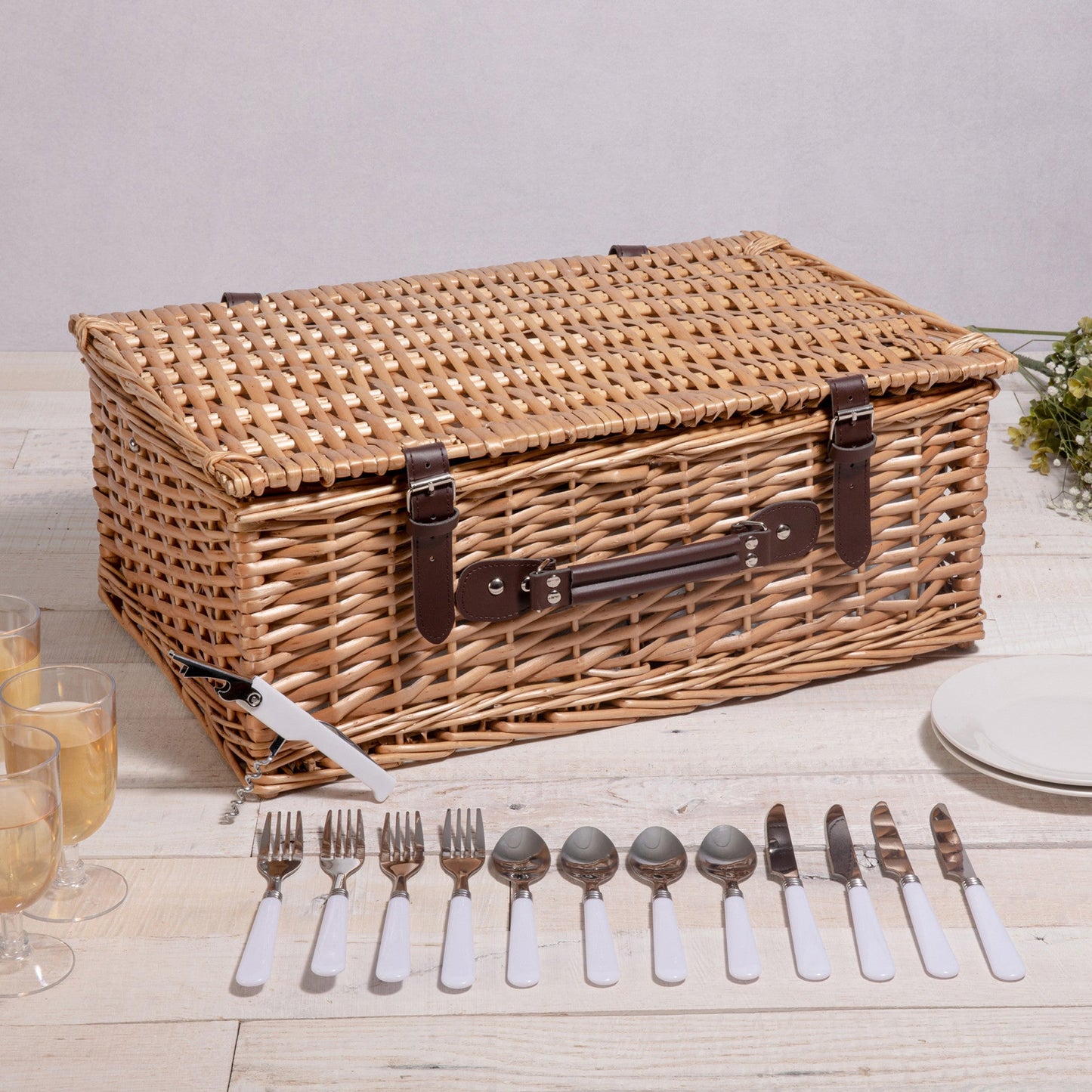 Belmont Picnic Basket for 4 - Coastal Willow Wicker Wine & Cheese Set with Cooler, Beach House Gift