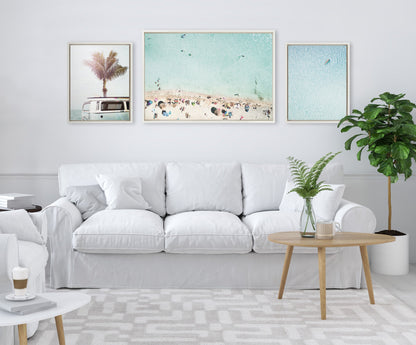 Turquoise Beach from Above 2, Blue Beach Van and Woman Floating Framed Canvas Art Print Set