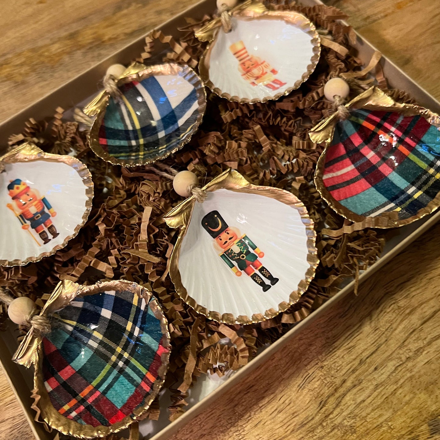 close up of six shell christmas ornaments