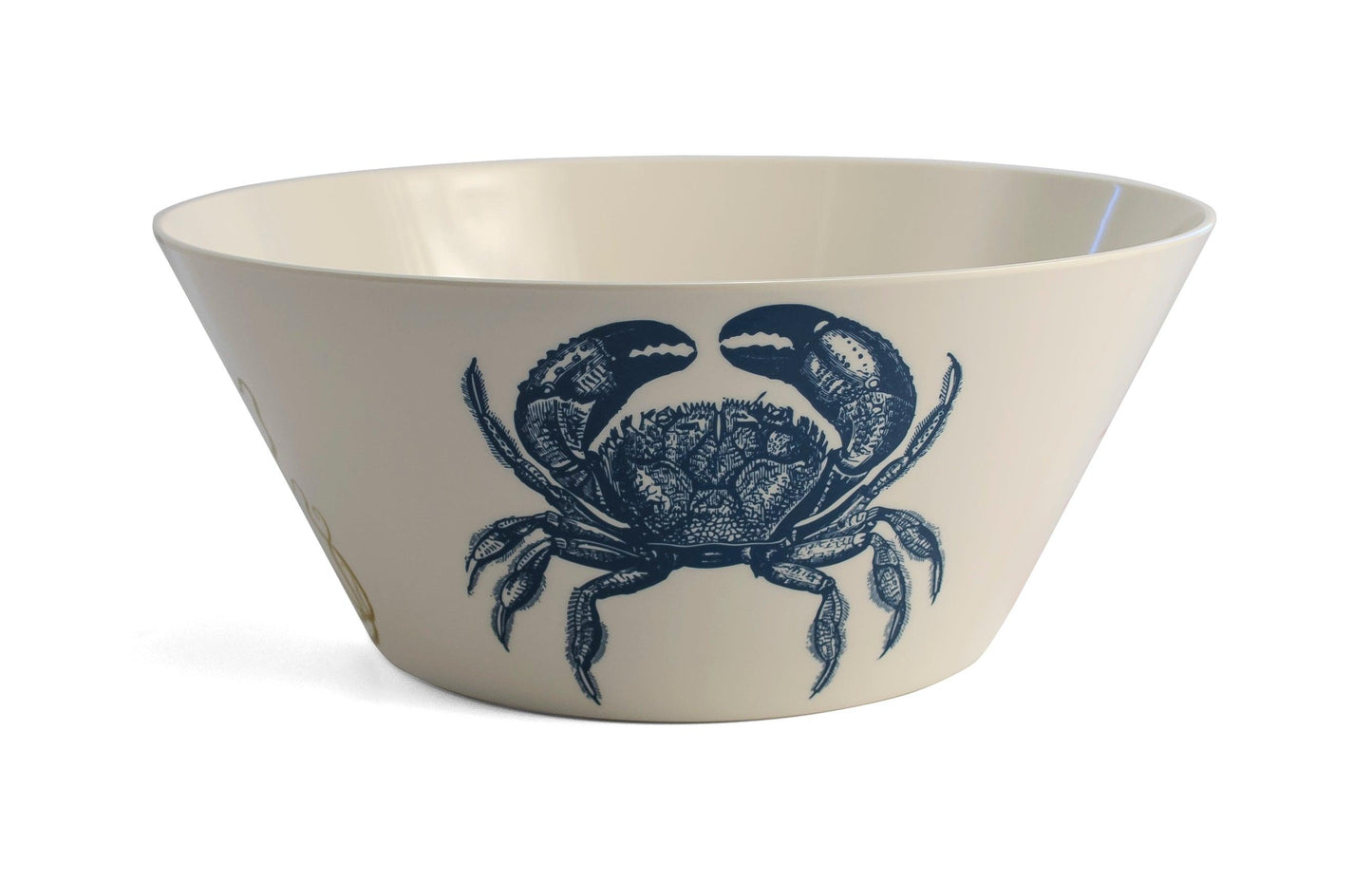 white bowl with blue crab