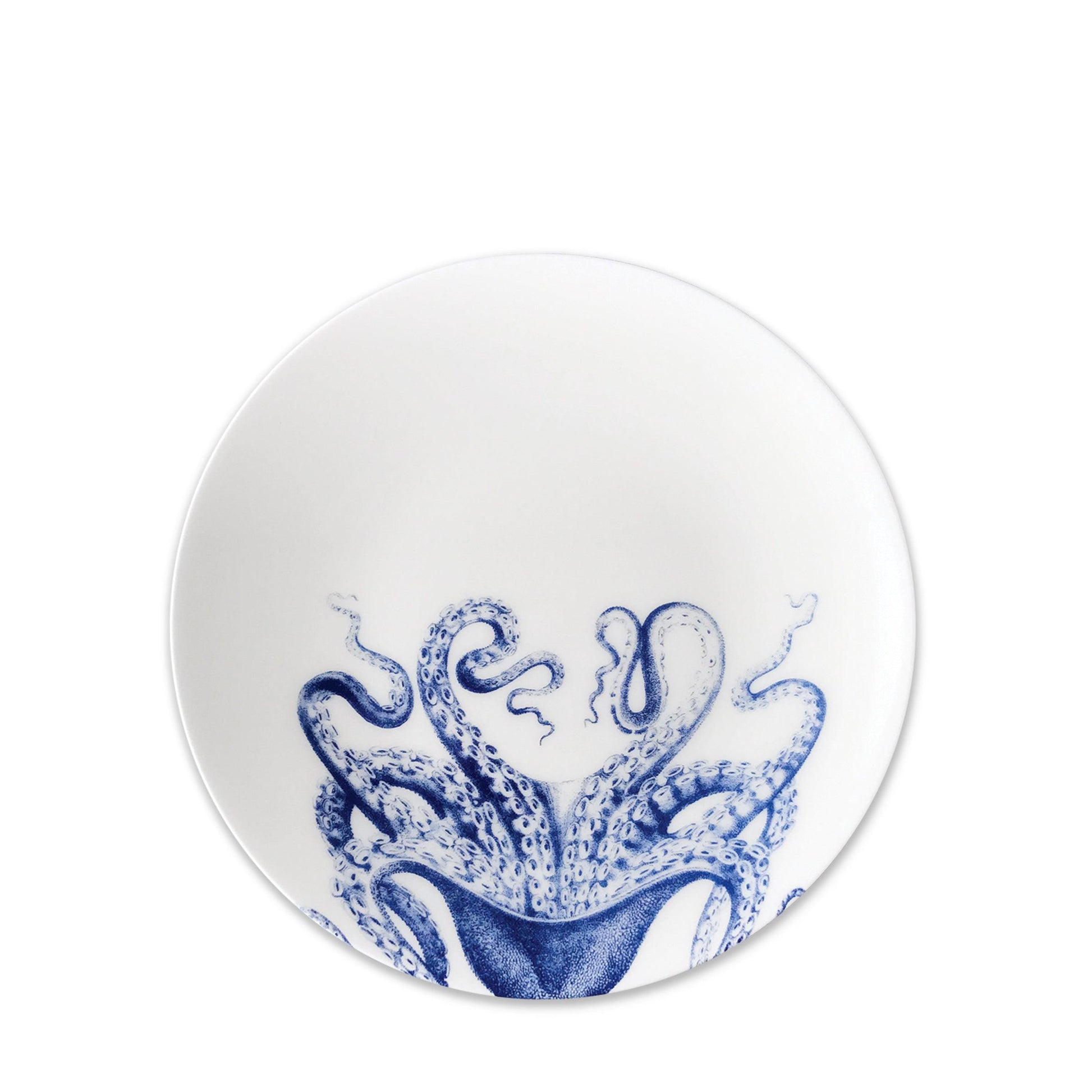 a blue and white plate with an octopus on it