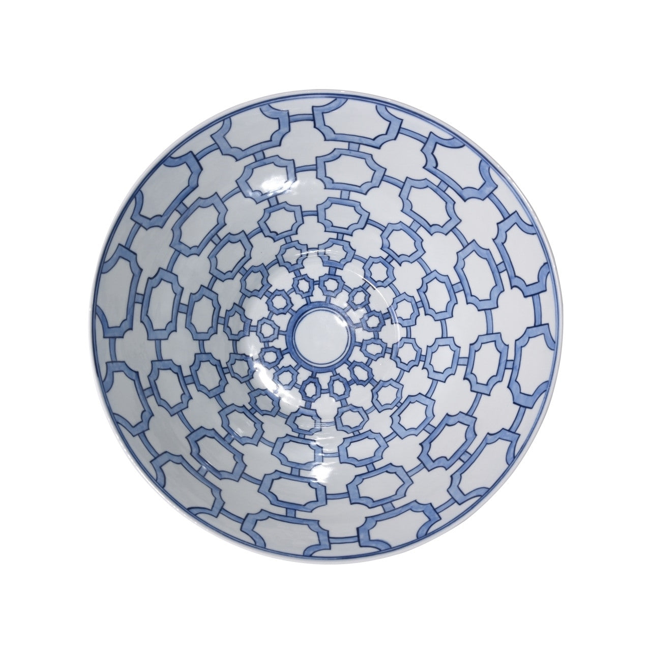 inside of blue and white porcelain bowl