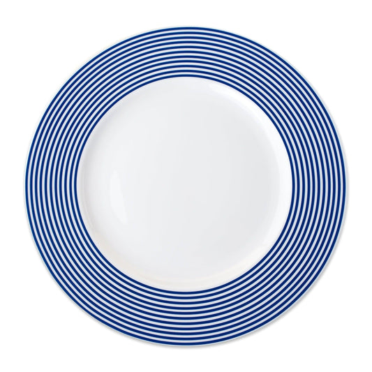 a blue and white plate on a white background