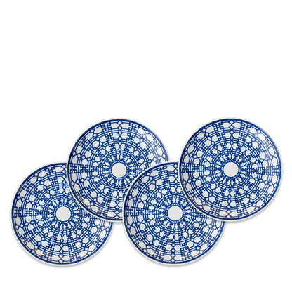 Four Newport Garden Gate blue-and-white porcelain small plates with an interlocking lattice pattern