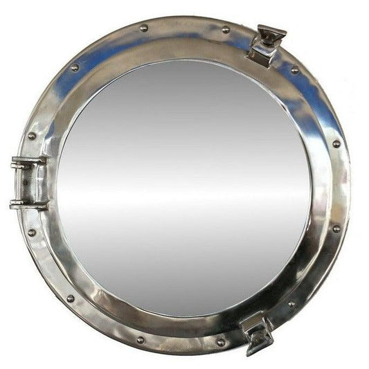 a round mirror with a metal frame on a white background