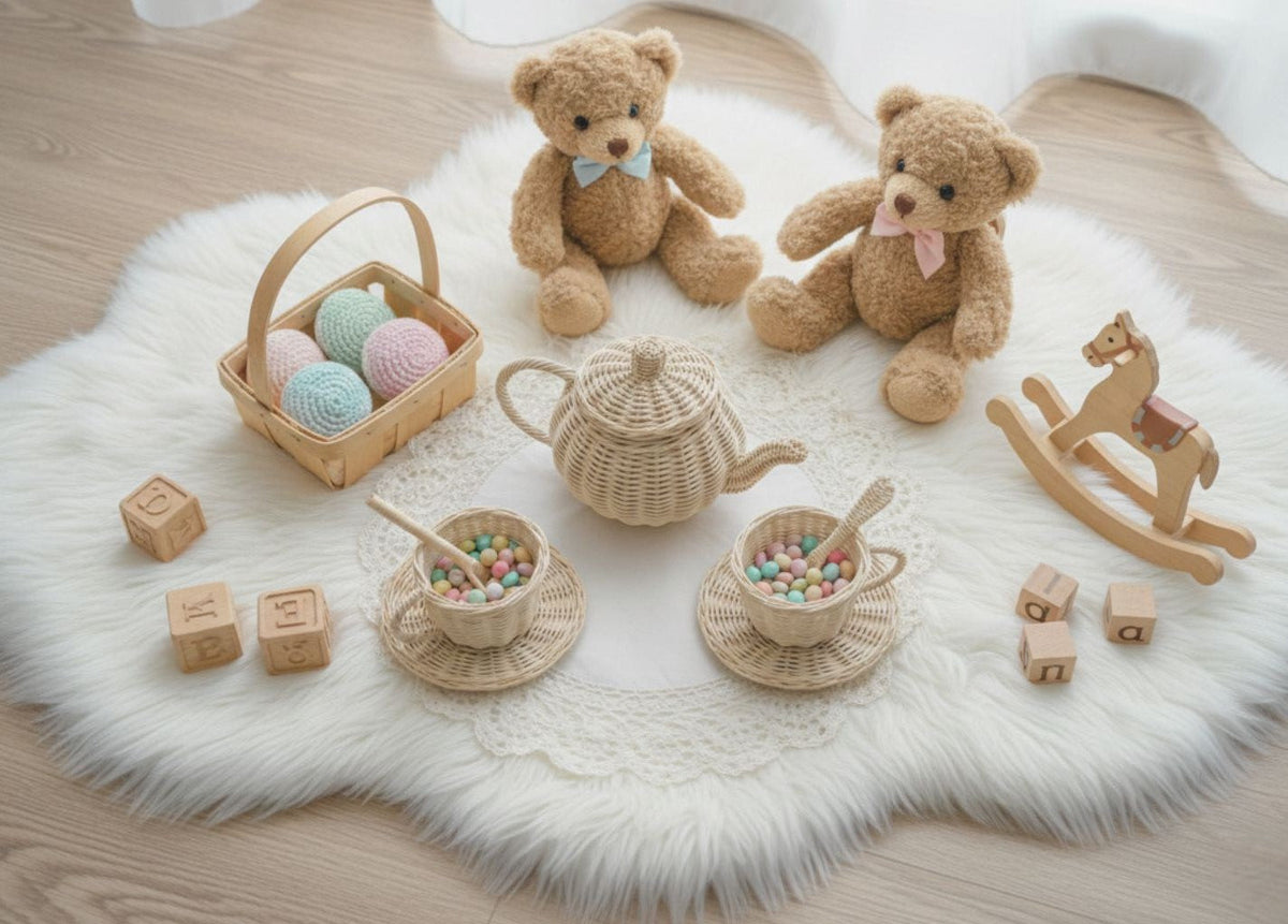 Children's rattan pretend play tea set with teapot and cups