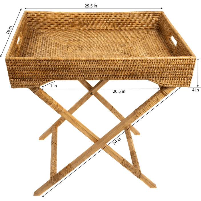 a wicker tray with a wooden frame