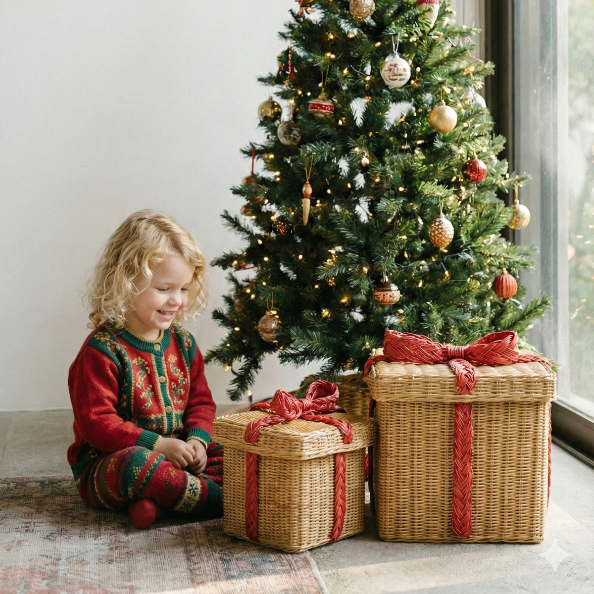 	Child beside two natural rattan storage gift boxes with red bows beneath a decorated Christmas tree