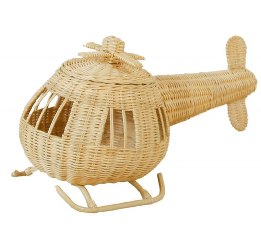 Natural rattan helicopter showing its woven cabin, tail, rotor detailing, and landing skids