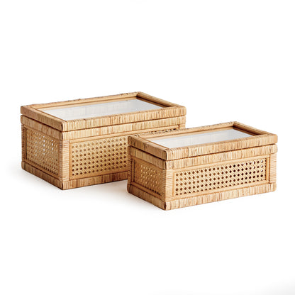 two cane rattan boxes with lids