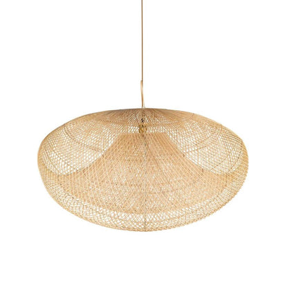 a large woven light fixture hanging from a ceiling