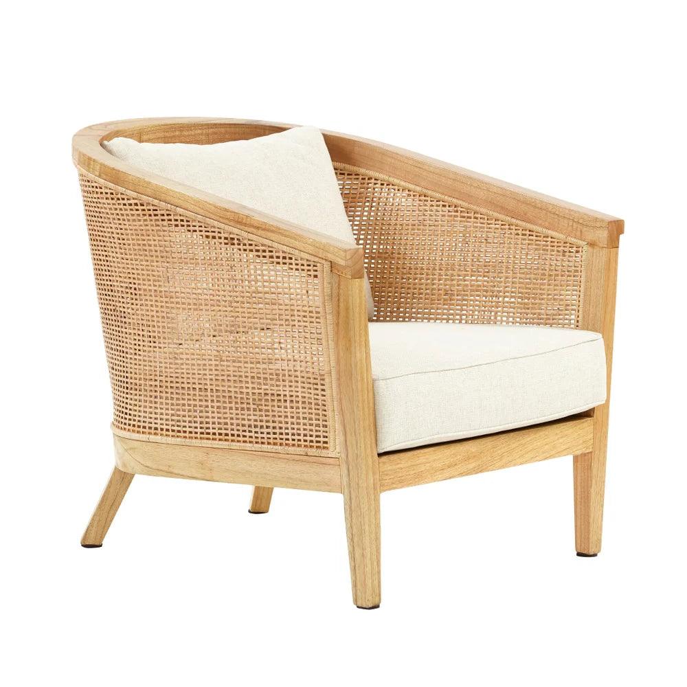 a wooden chair with a white cushion