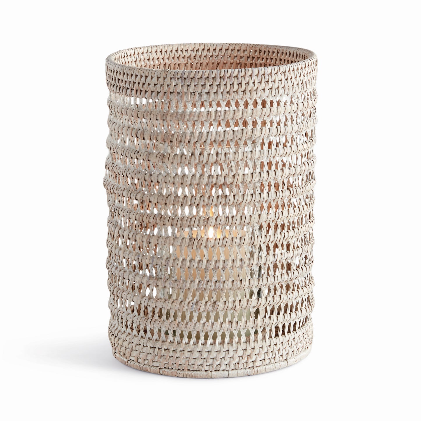 white rattan hurricane candle holder