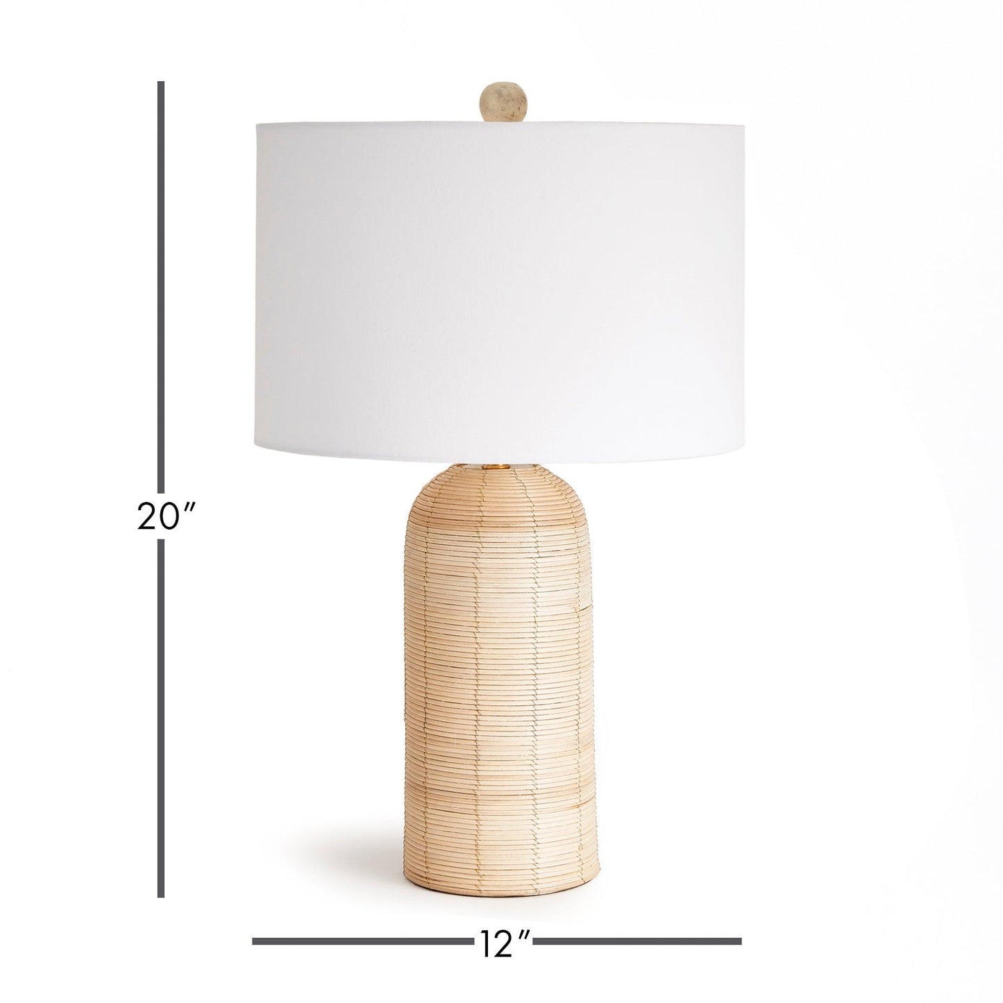 a wooden table lamp with a white shade