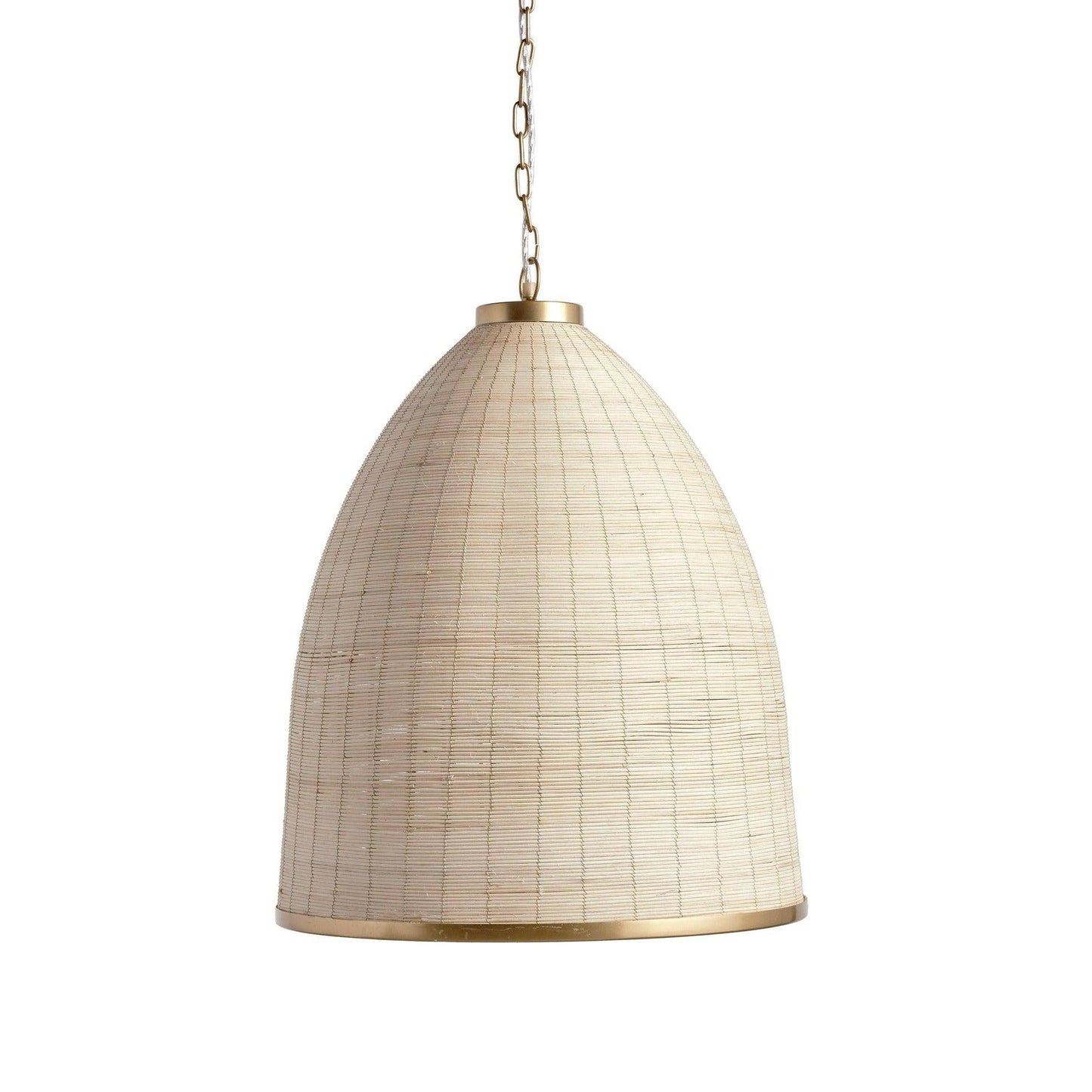 a rattan light hanging from a chain