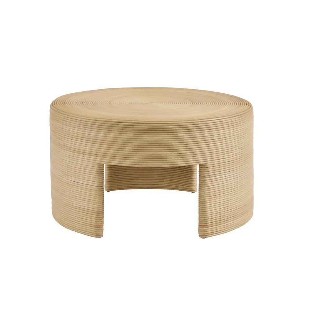 a round wooden table with a wooden base