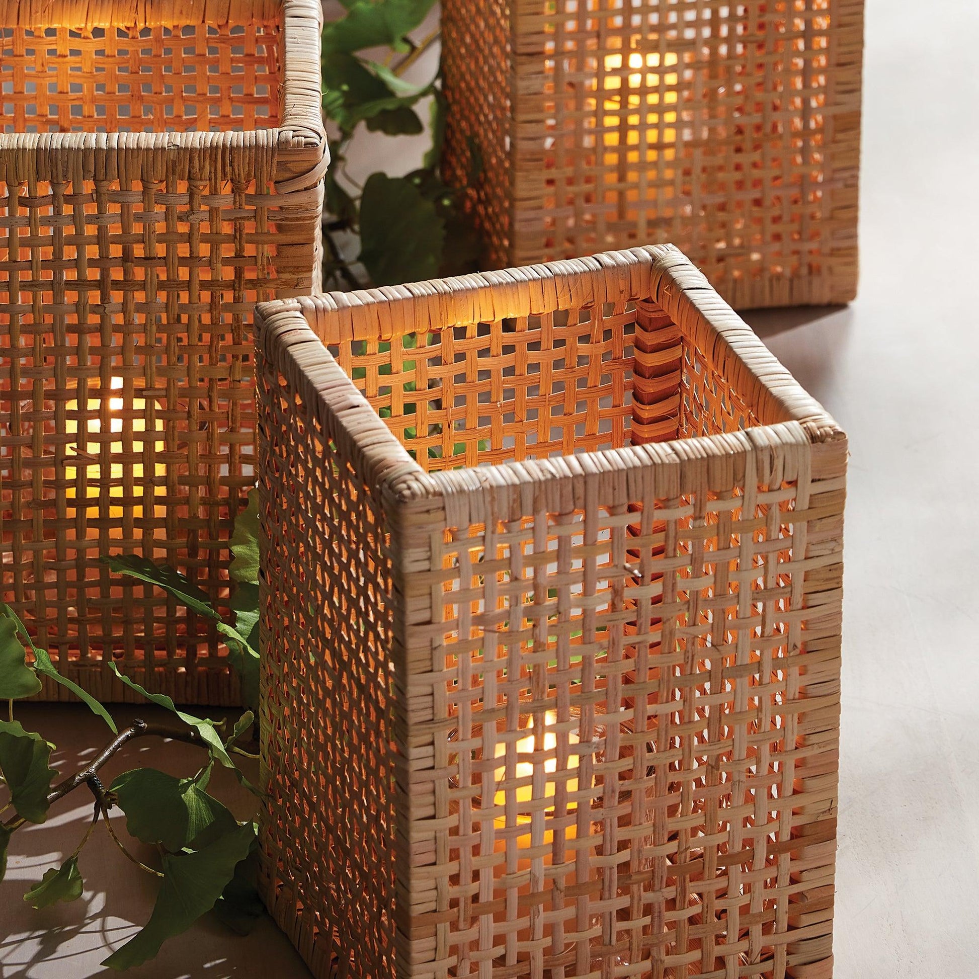 a group of wicker baskets sitting on top of a table