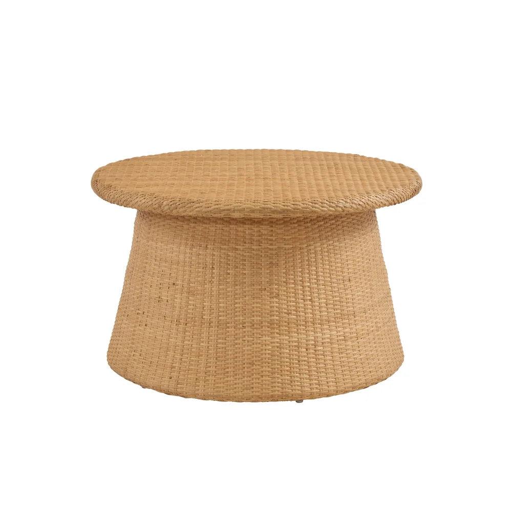 a round wicker table with a white background