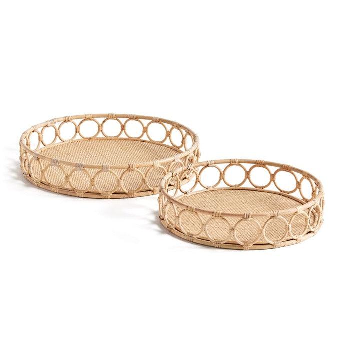 two round wicker trays on a white background