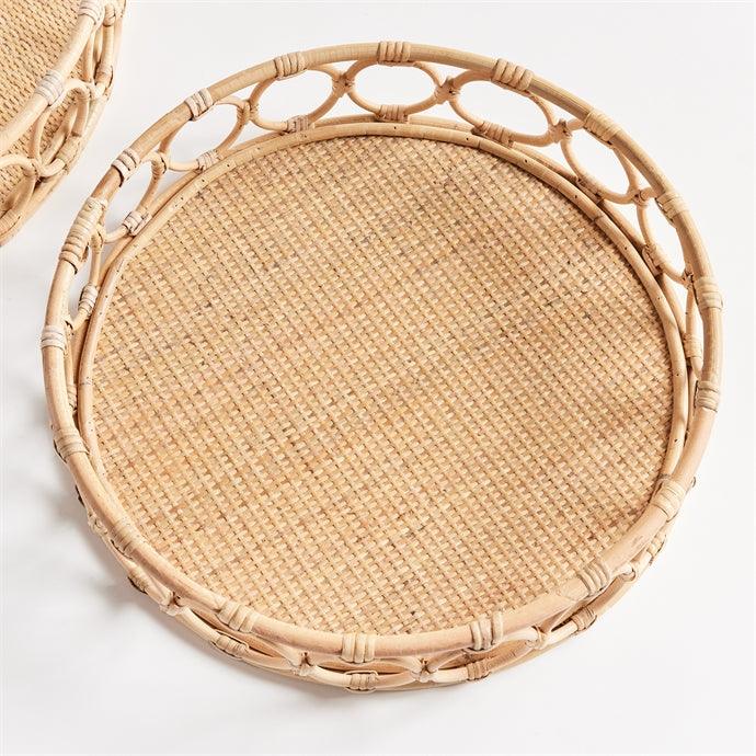 a close up of a wicker tray on a white surface