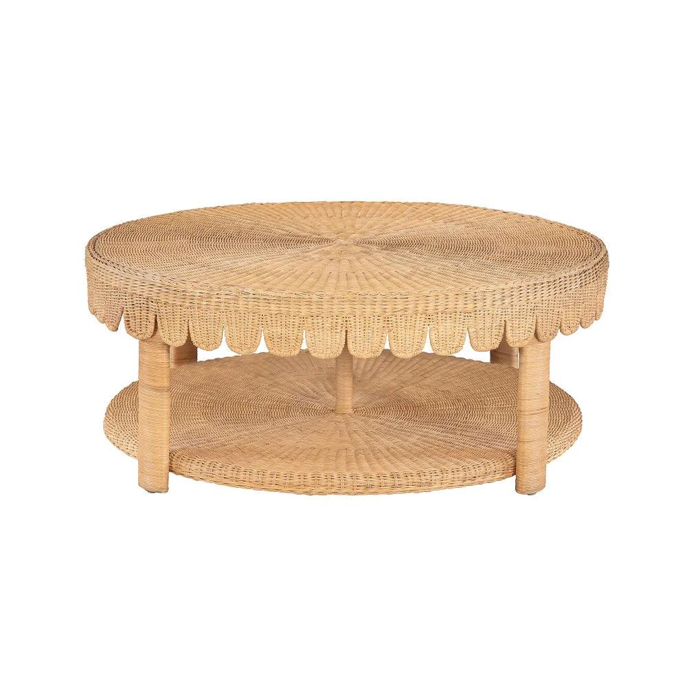 a scalloped wicker coffee table with two tiered trays