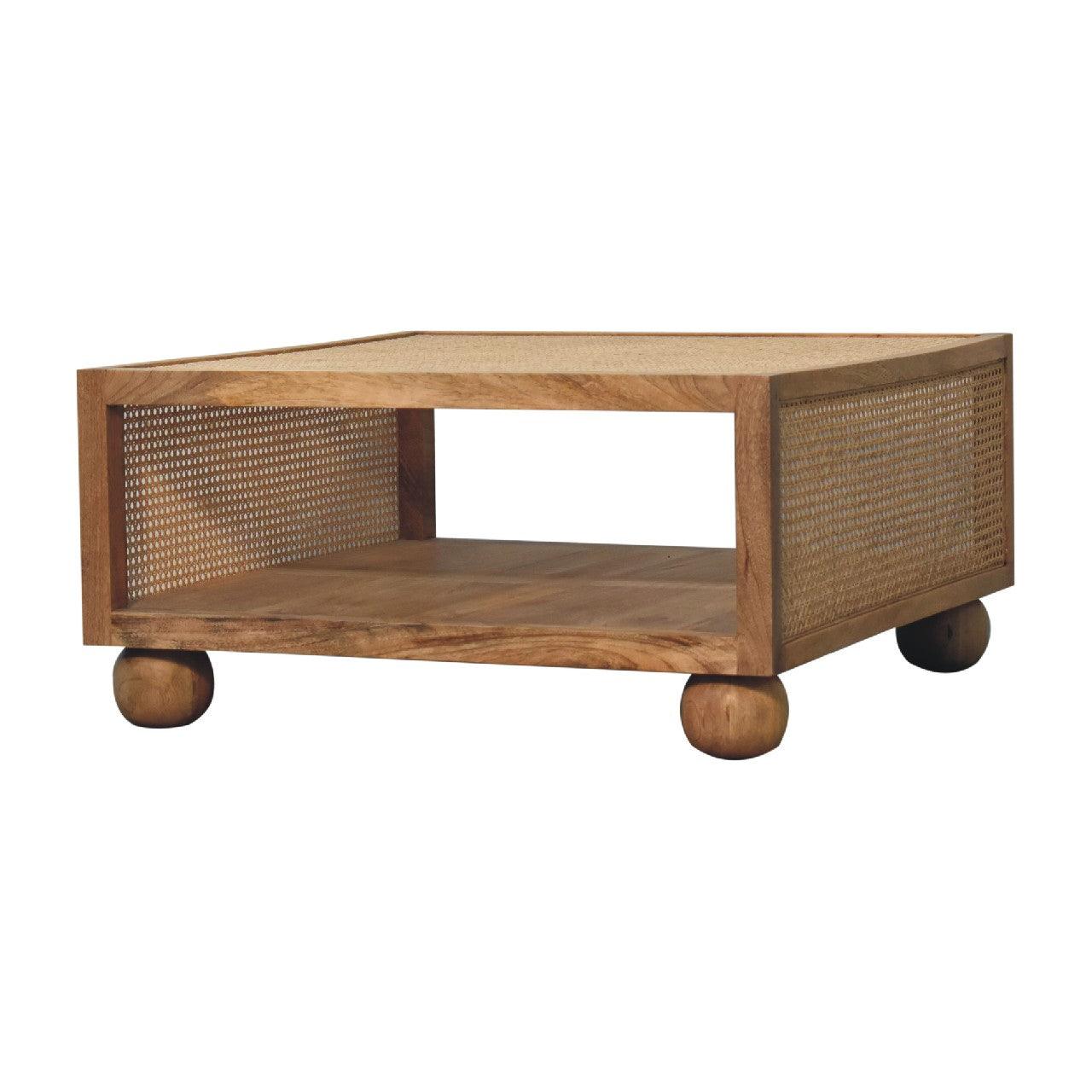 a wooden coffee table with wheels on it