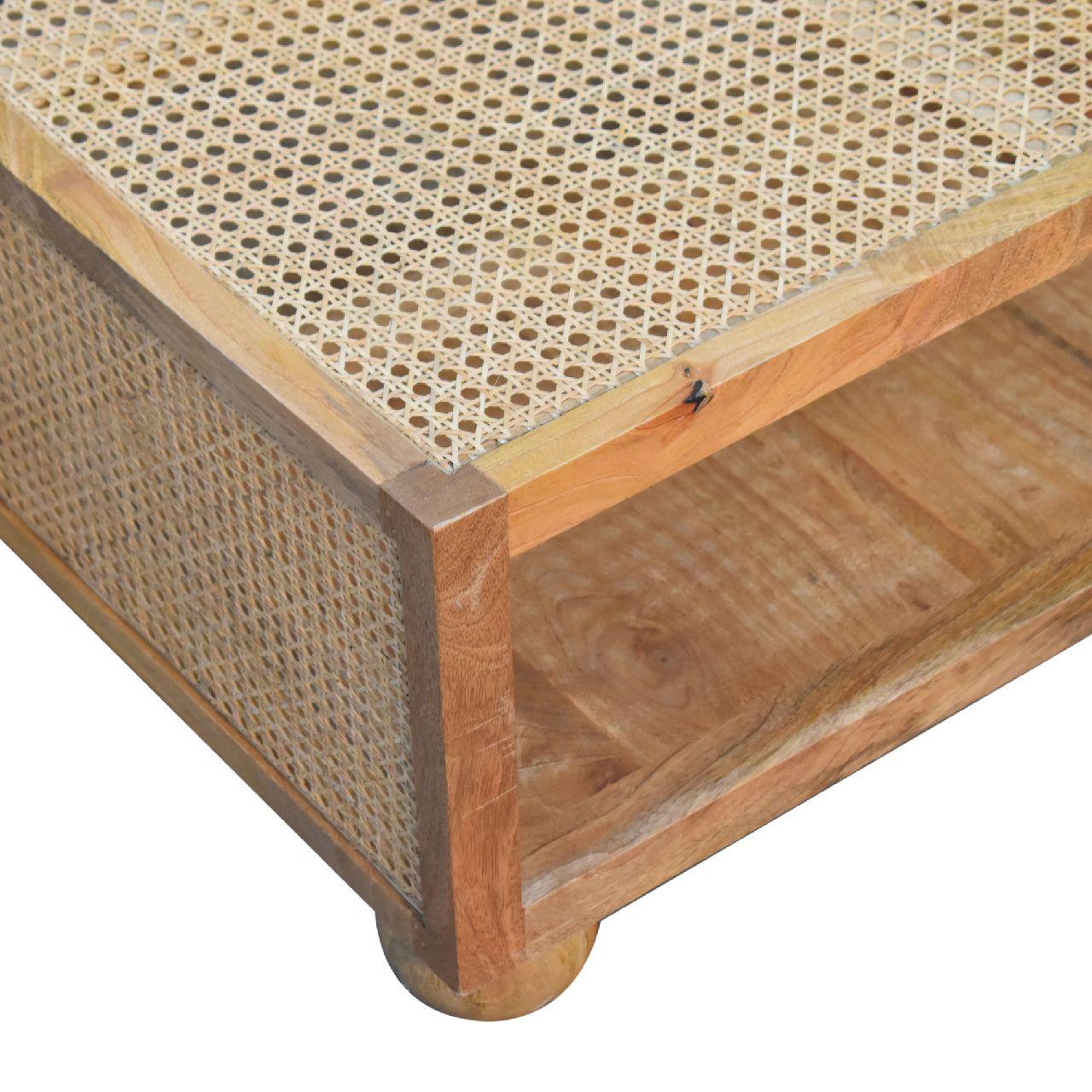 a wooden coffee table with a woven top