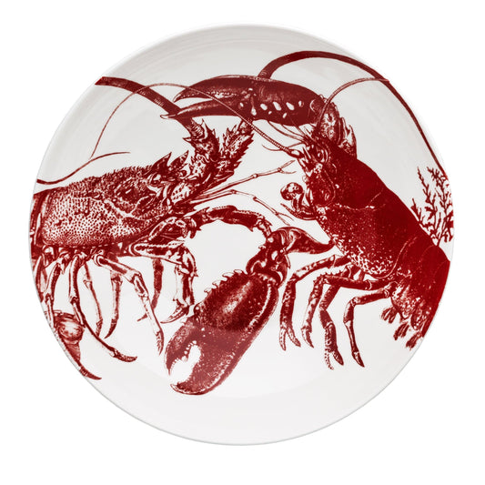 a red and white plate with lobsters on it