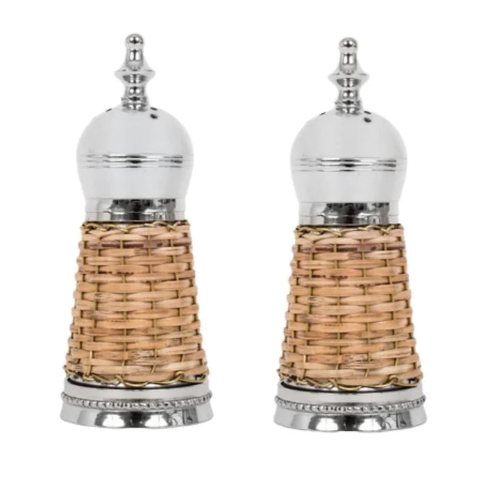 silver and rattan salt and pepper shakers