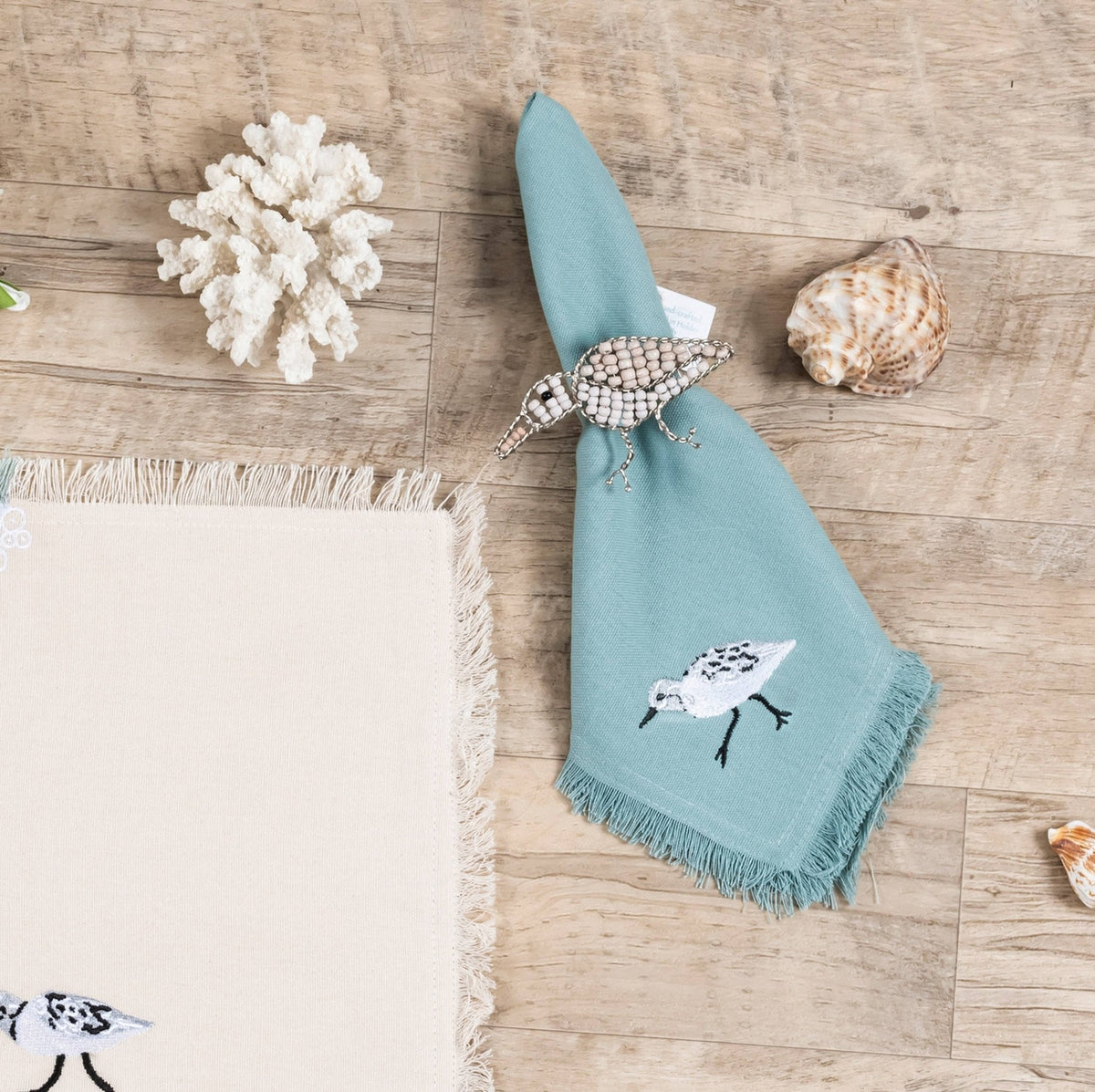 Sandpiper Bird Embroidered Cotton Napkins, Set of 4