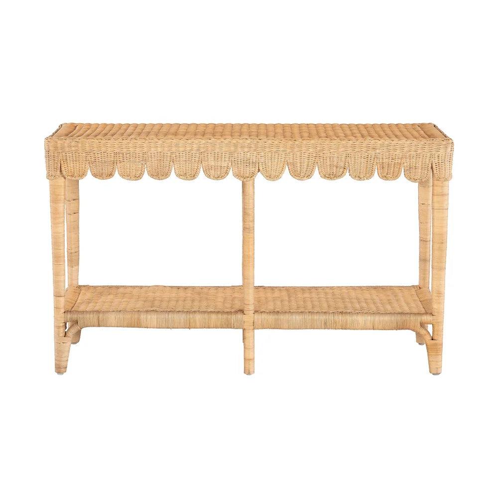 a rattan table with a shelf underneath it