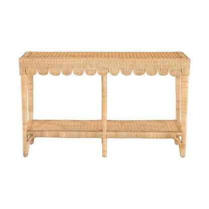 a rattan table with a shelf underneath it