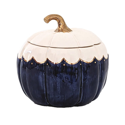 Large navy blue scalloped pumpkin jar with 22K gold accents
