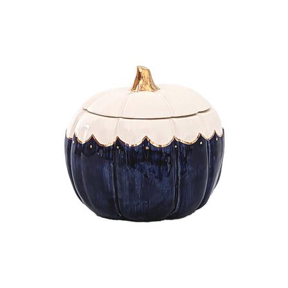 Medium navy blue scalloped pumpkin jar with 22K gold accents
