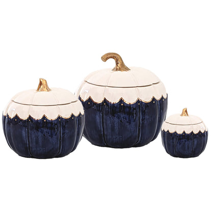 Navy blue scalloped pumpkin jars with 22K gold accents, set of 3