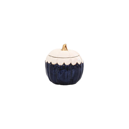 Small navy blue scalloped pumpkin jar with 22K gold accents
