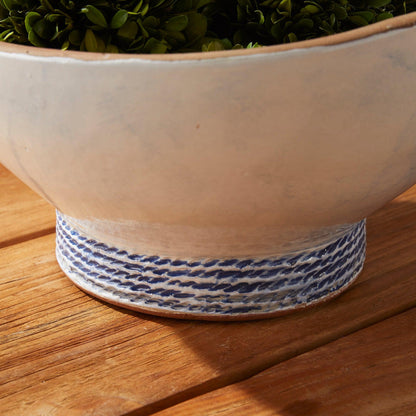 a white bowl filled with green plants on top of a wooden table
