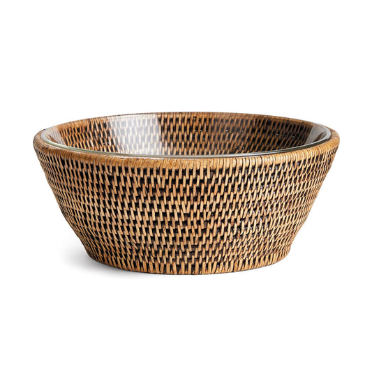 brown rattan serving bowl with plastic insert