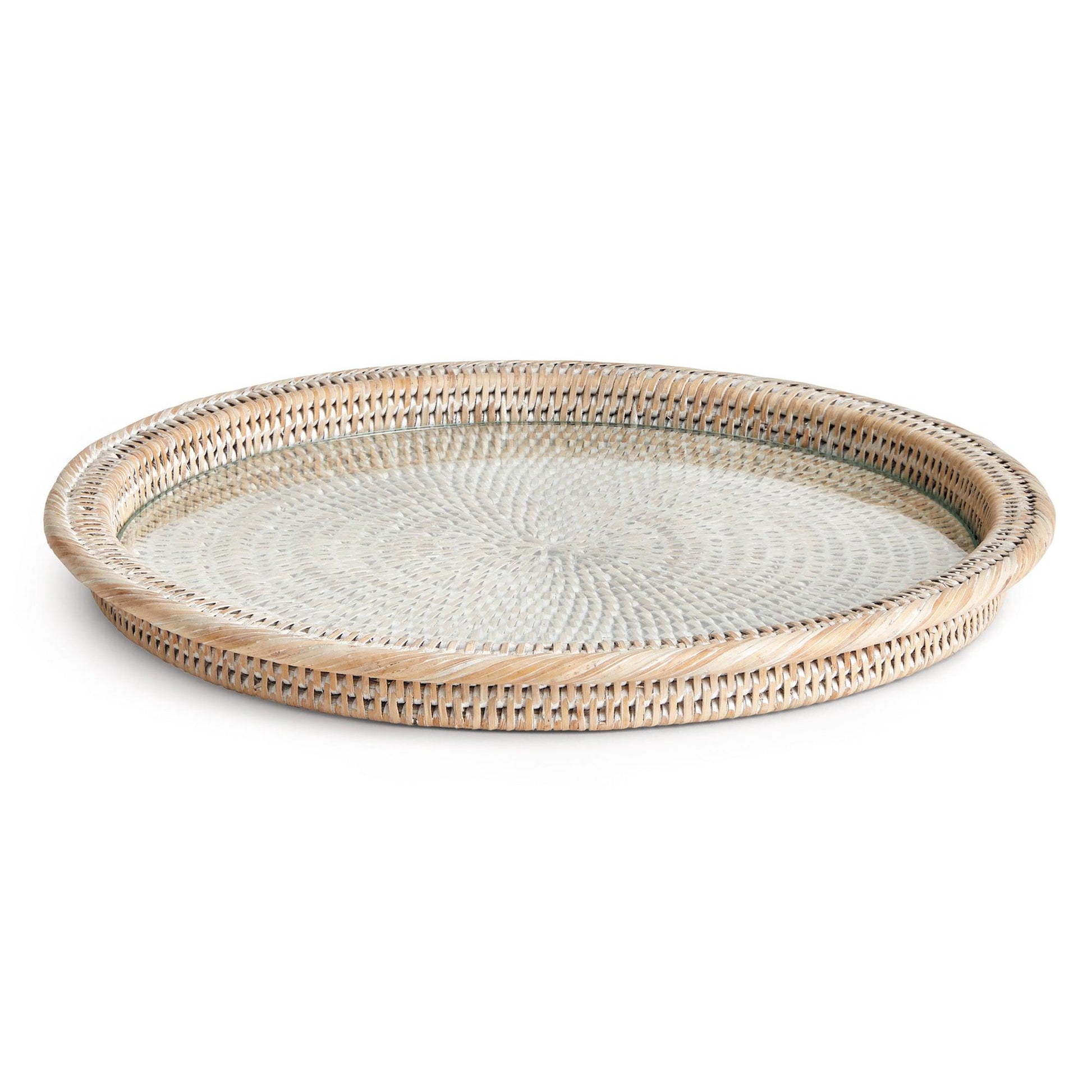 a round wicker tray on a white background