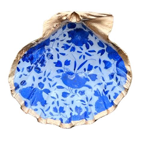 gold painted shell with blue chinoiserie design