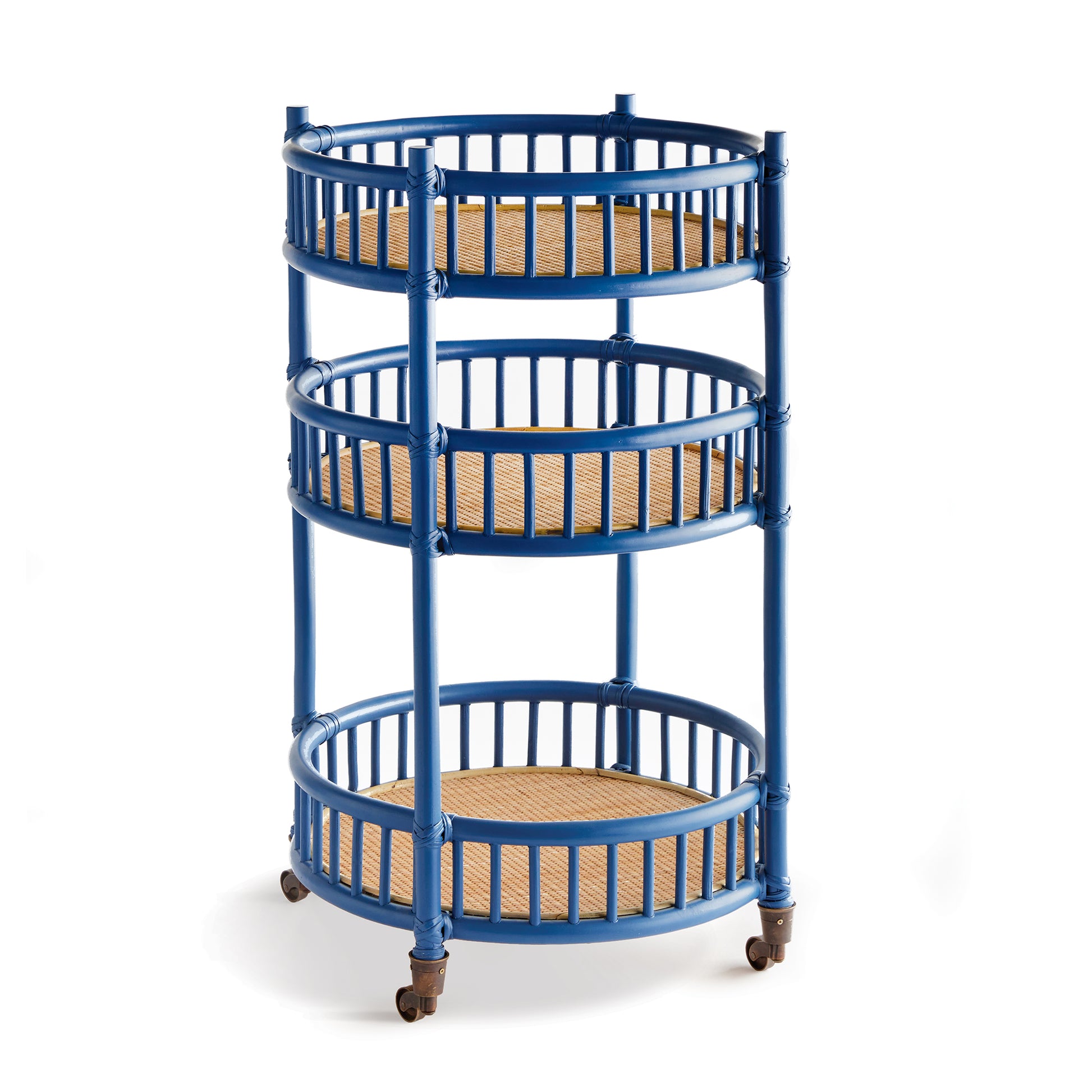 blue rattan bar cart on wheels