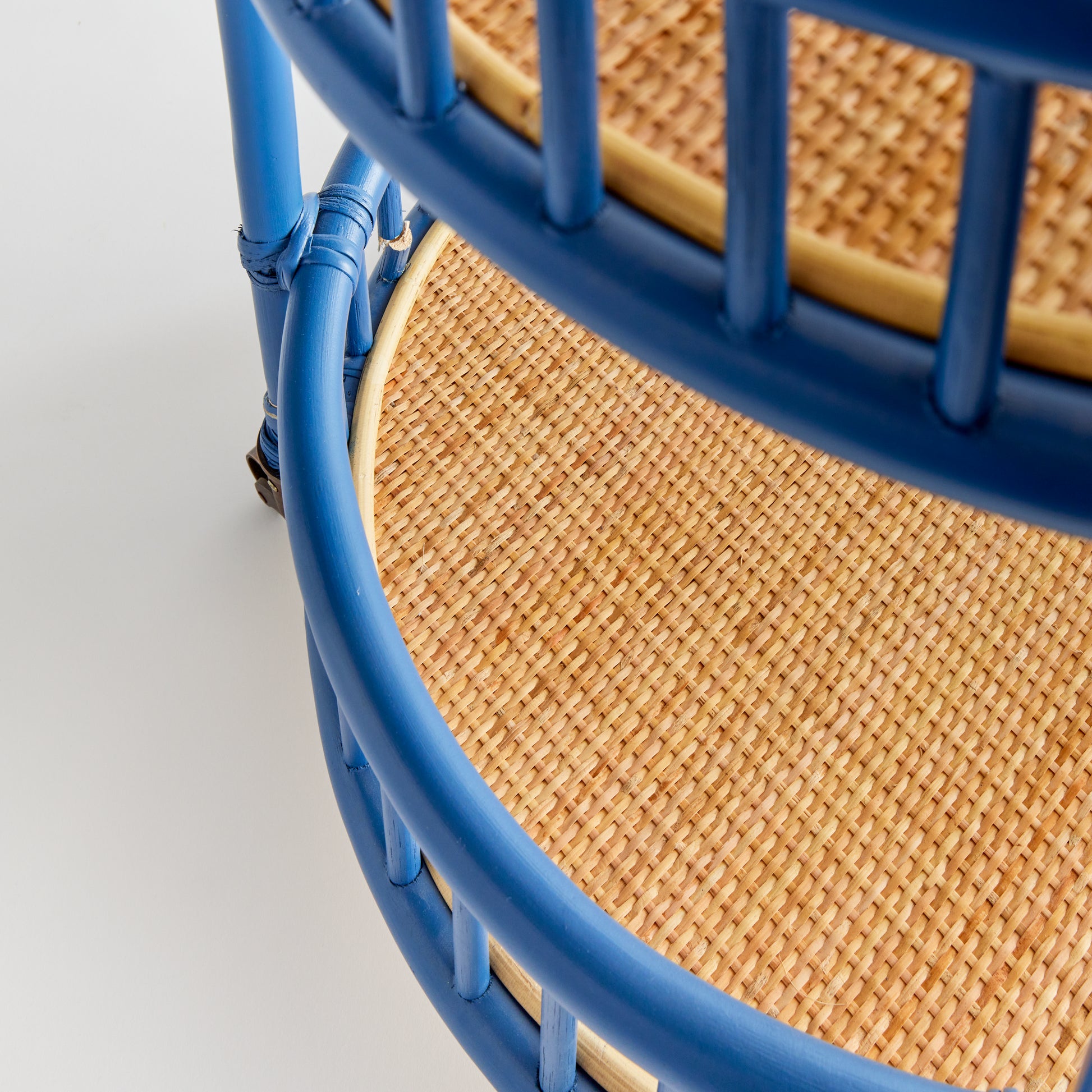 close up of rattan bar cart