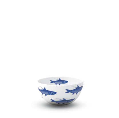 	School of Fish white porcelain snack bowl with blue fish around the exterior and a fish detail inside