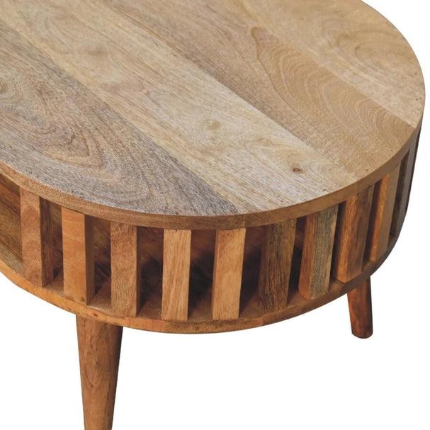 a round wooden table with a wooden top