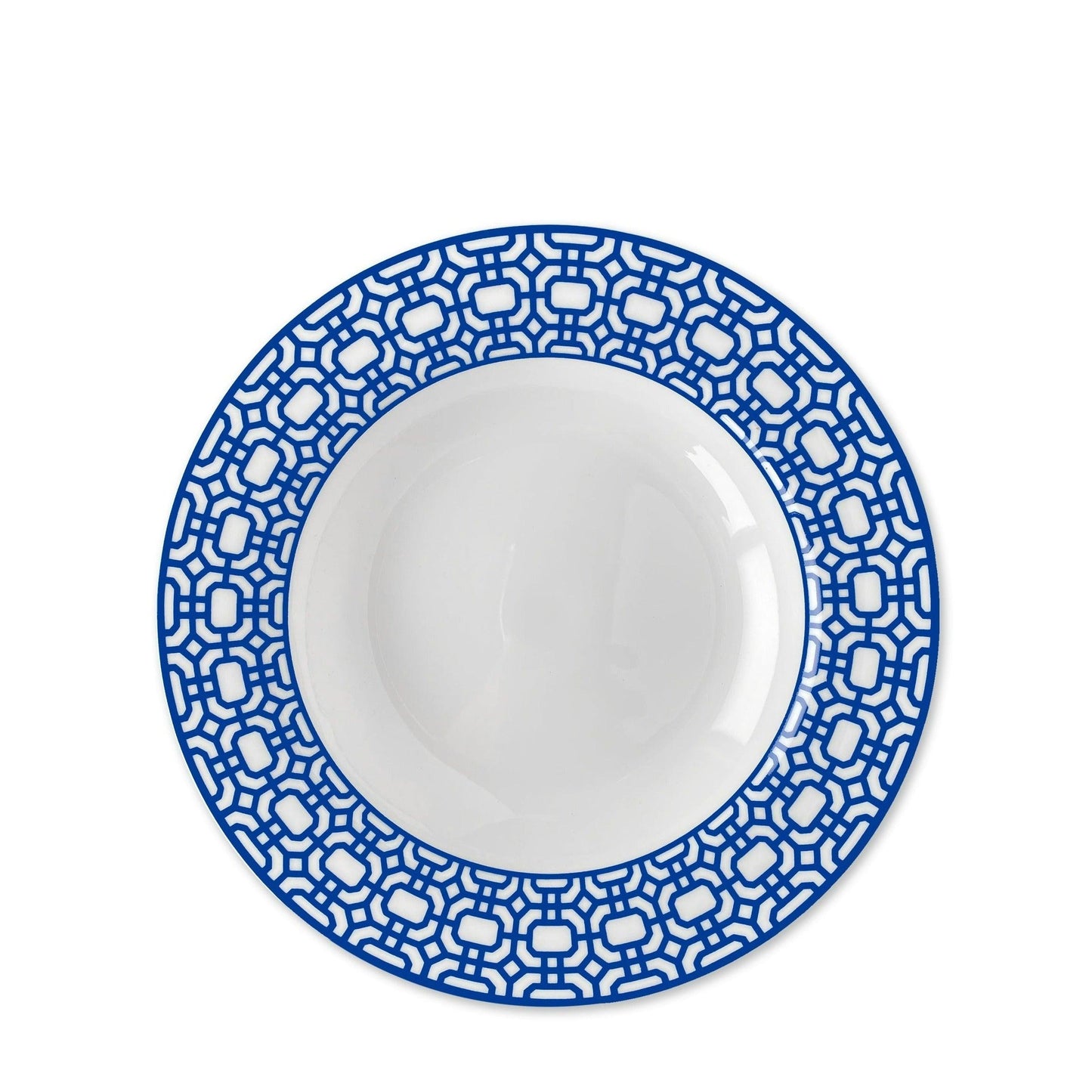 a blue and white plate on a white background