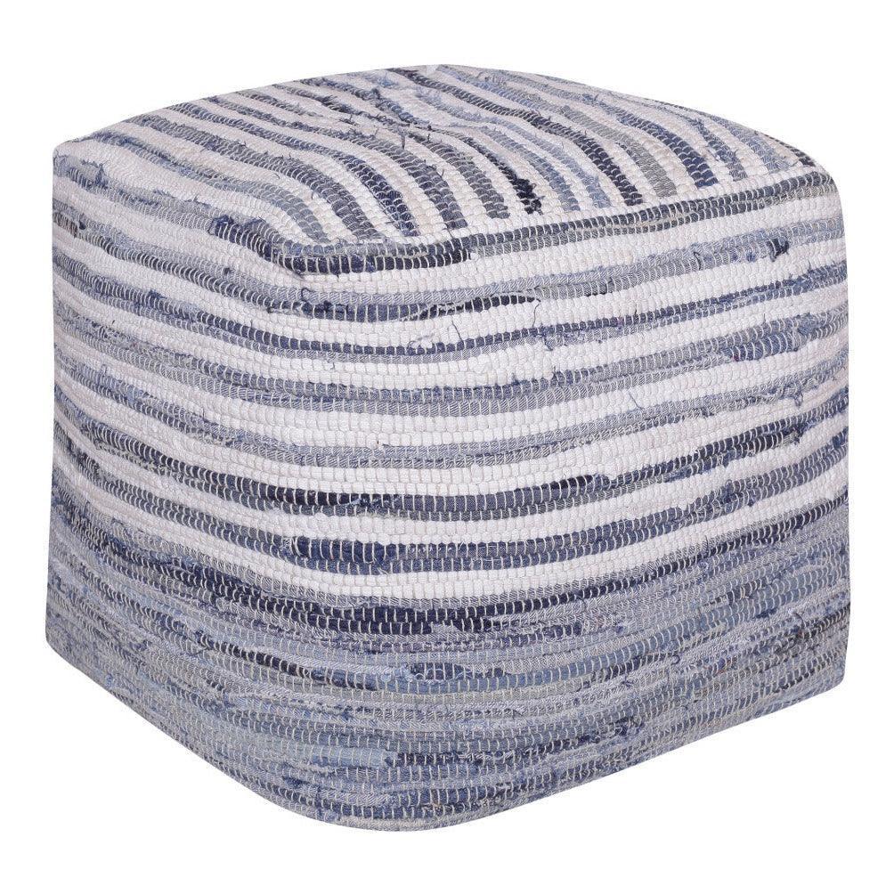 blue and white striped square pouf