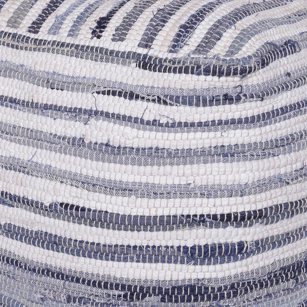 close up of blue and white square pouf